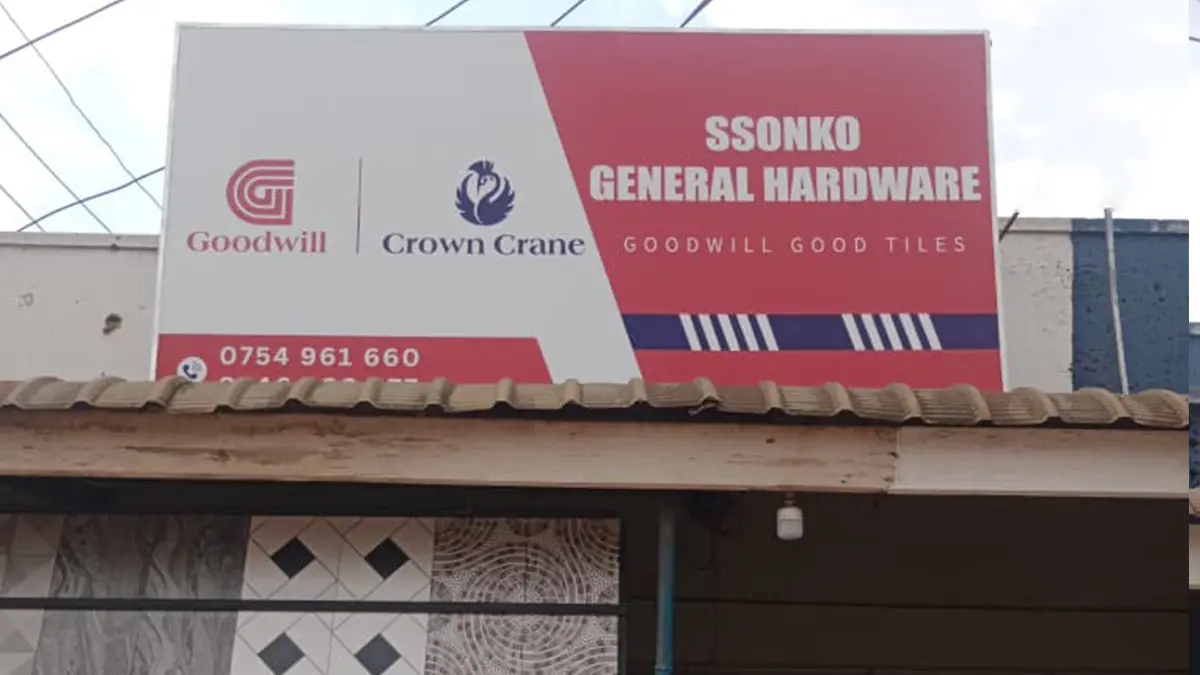 The first approved framed sample fully installed at Ssonko General Hardware • Mukono for the Goodwill and Crown Crane rollout